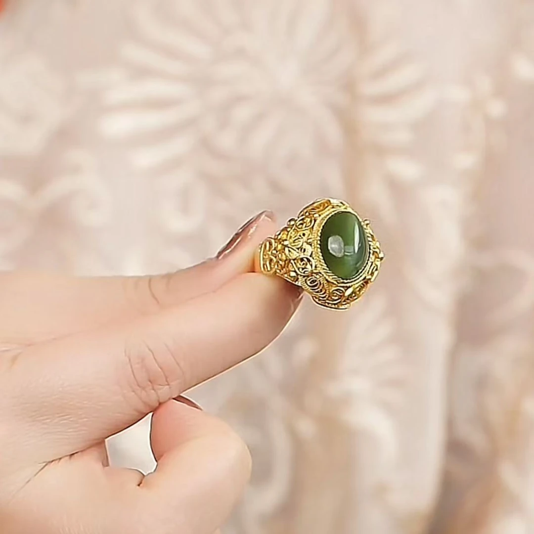 戊申堂和田玉碧玉 猫眼戒指 国风珠宝