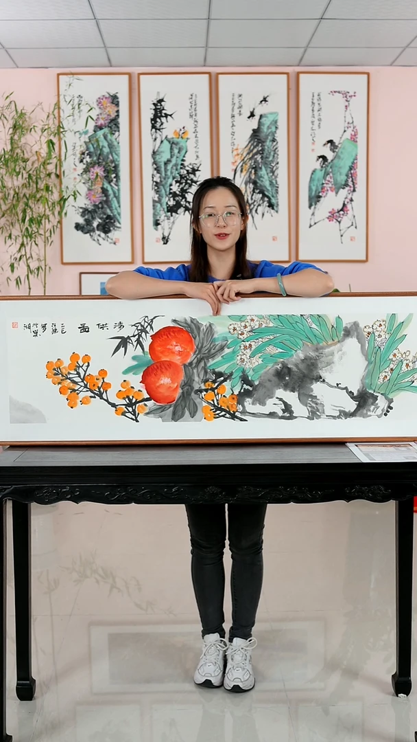 国画汪琼《清供图》手绘原稿檀木框162*47厘米