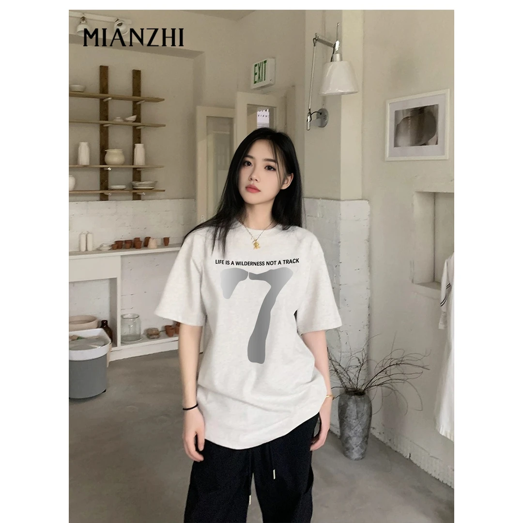 【棉致】女士白色纯棉短袖T恤圆领男女同款大7印花简约春夏宽松短袖