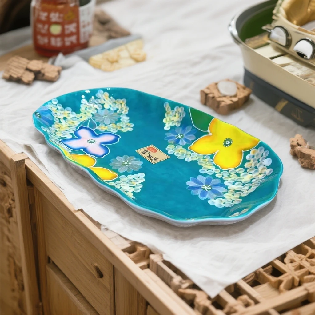 清仓濑户烧手绘浮雕12英寸遇见初夏鱼盘