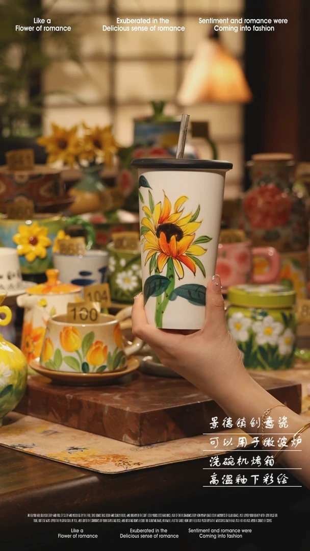 陶瓷吸管杯景德镇高温手绘釉下彩设计师款式