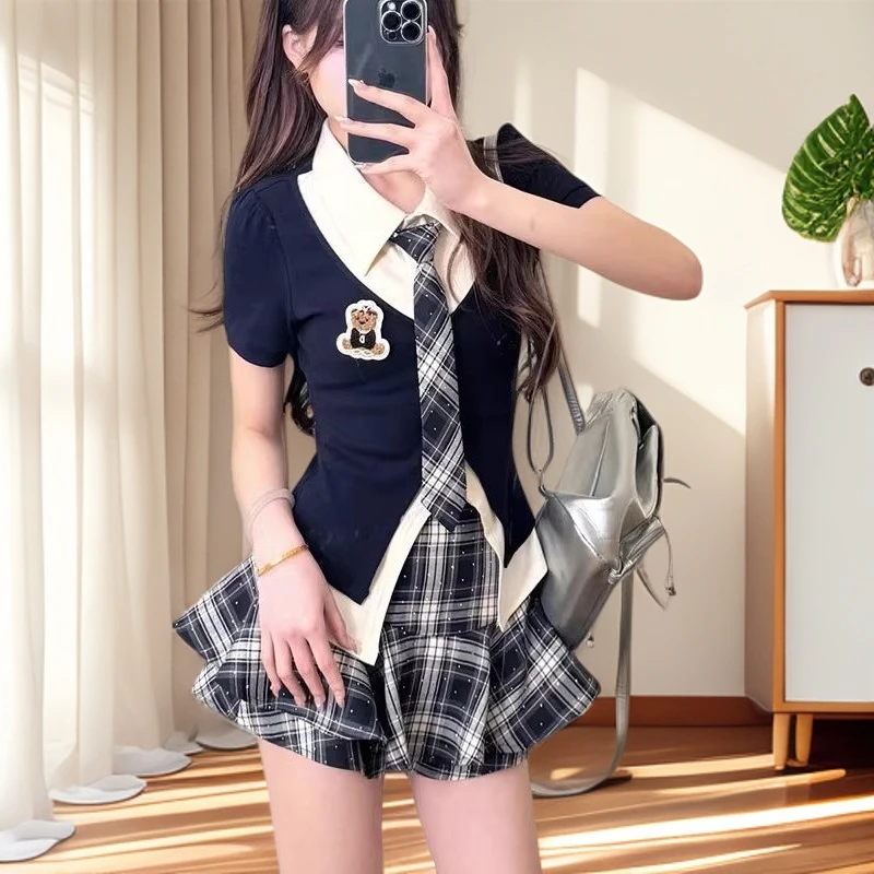 显瘦夏季衬衫洋气网红格子学院风小熊半身两件少女气质JK制服套装