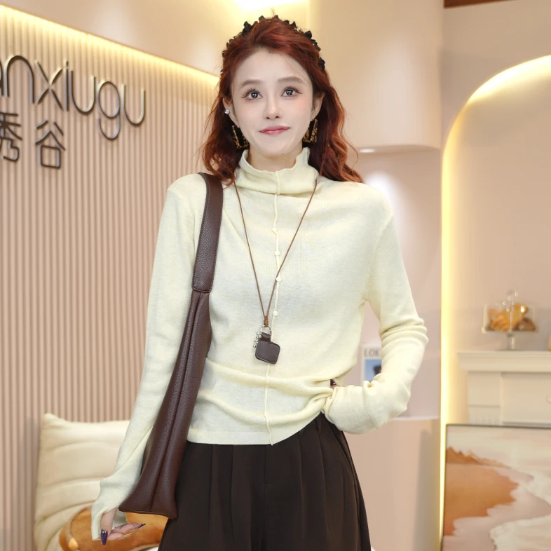 气质半高领打底针织衫女2025秋季新款内搭修身显瘦百搭上衣潮Y084