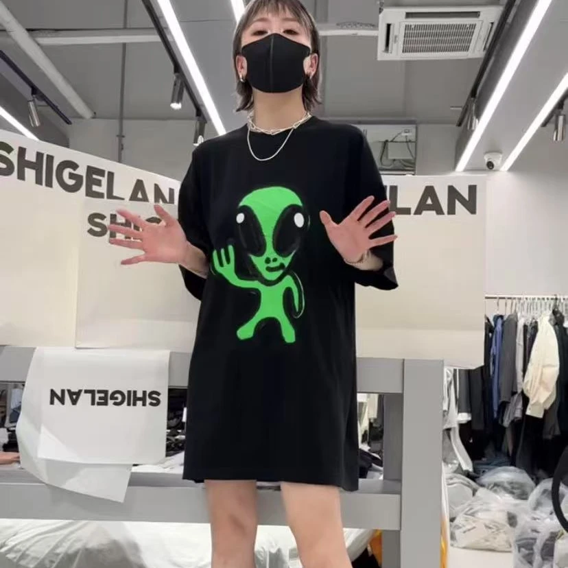 诗歌兰2025新款女装时尚中长款宽松大版短袖T恤女