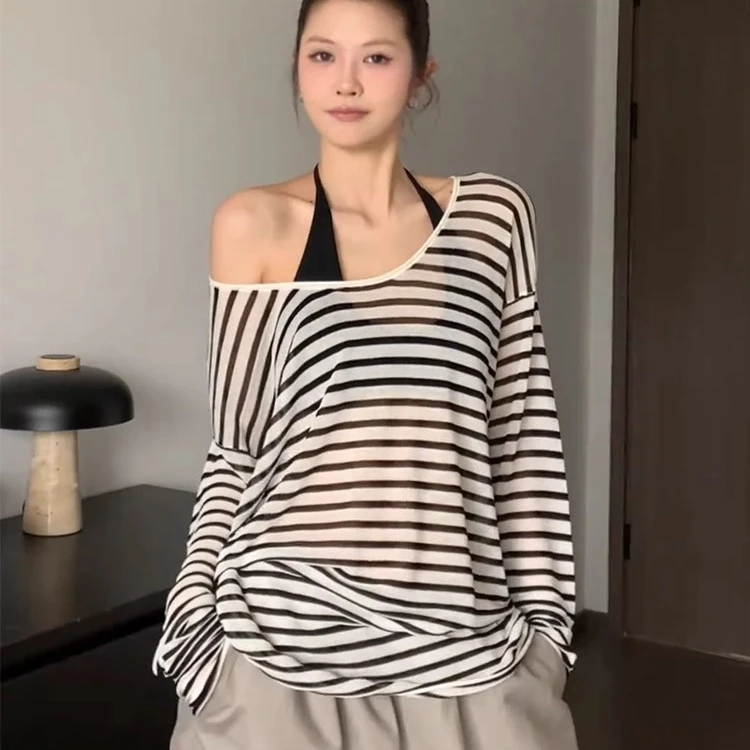 韩系条纹大领口冰丝长袖t恤罩衫女夏外搭慵懒松弛感防晒空调上衣