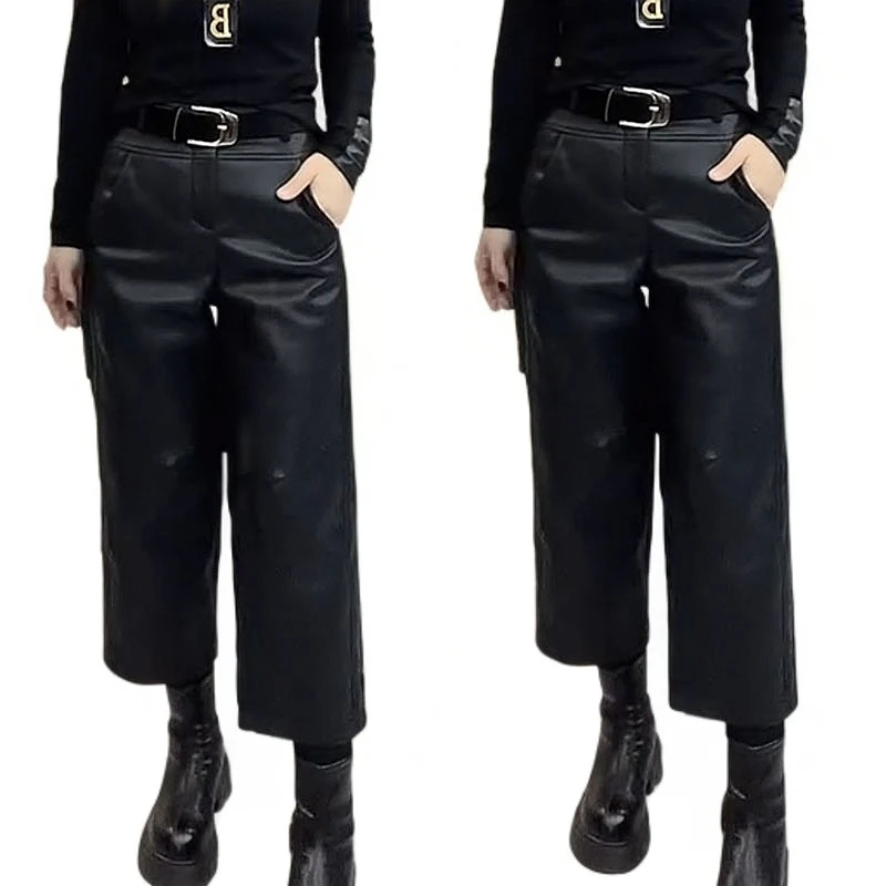欧货秋冬高腰PU显瘦九分挽脚边阔腿丝绒腰带款百搭蛋白皮裤女潮裤
