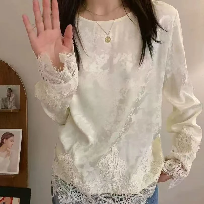 6803新中式国风钩花蕾丝拼接提花衬衫女2025显瘦百搭洋气上衣
