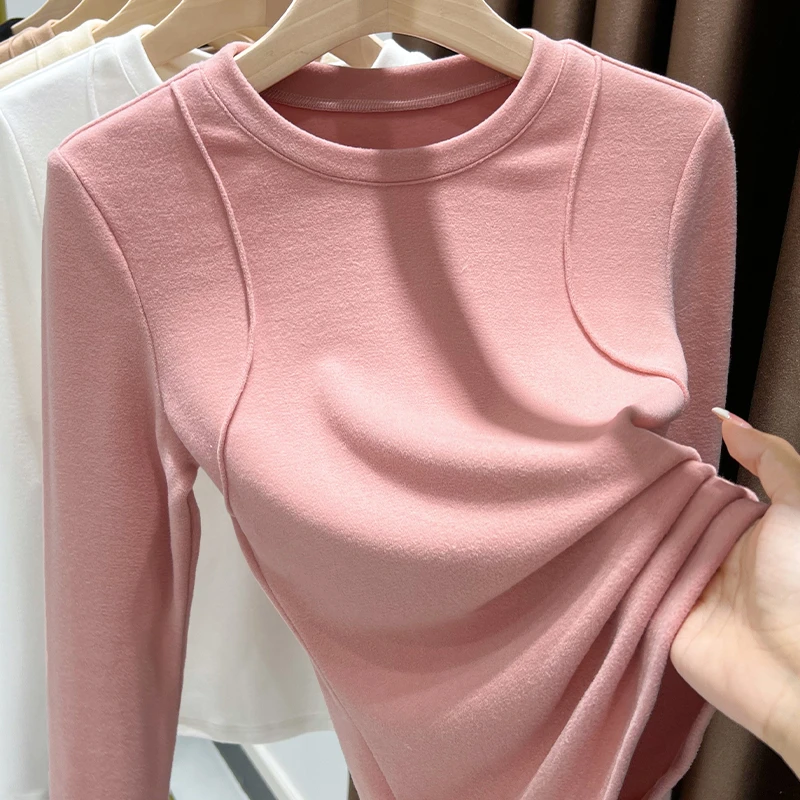 粉色双面磨毛德绒打底衫女新款秋冬加厚保暖内搭圆领澳绒长袖上衣
