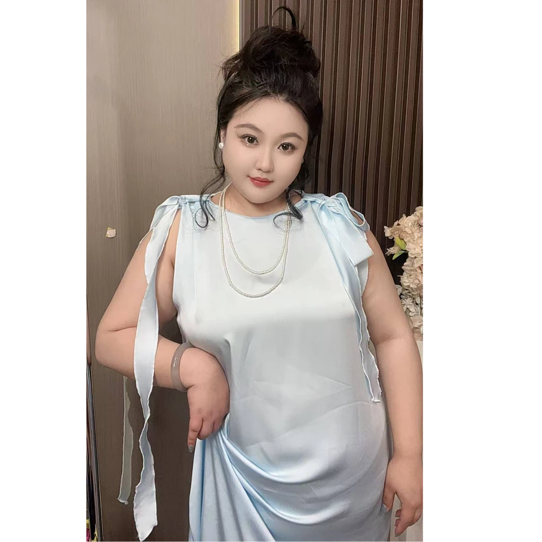 【甄胖·落锦】新中式原创大码女装夏季哑光醋酸砍袖连衣裙
