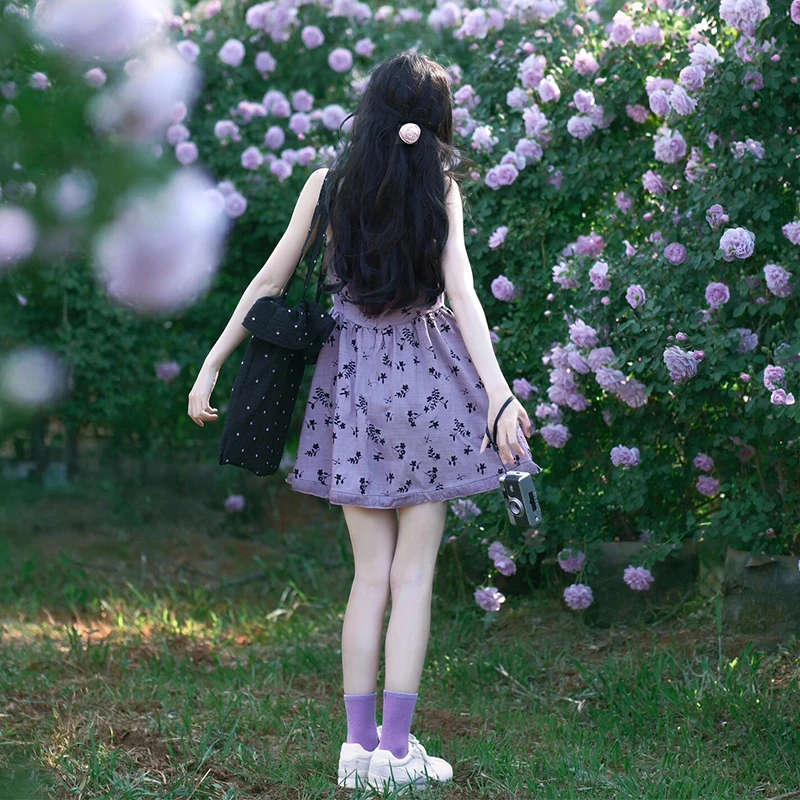 度假风小个子紫色碎花流苏挂脖短款吊带连衣裙女夏日漂亮小裙子