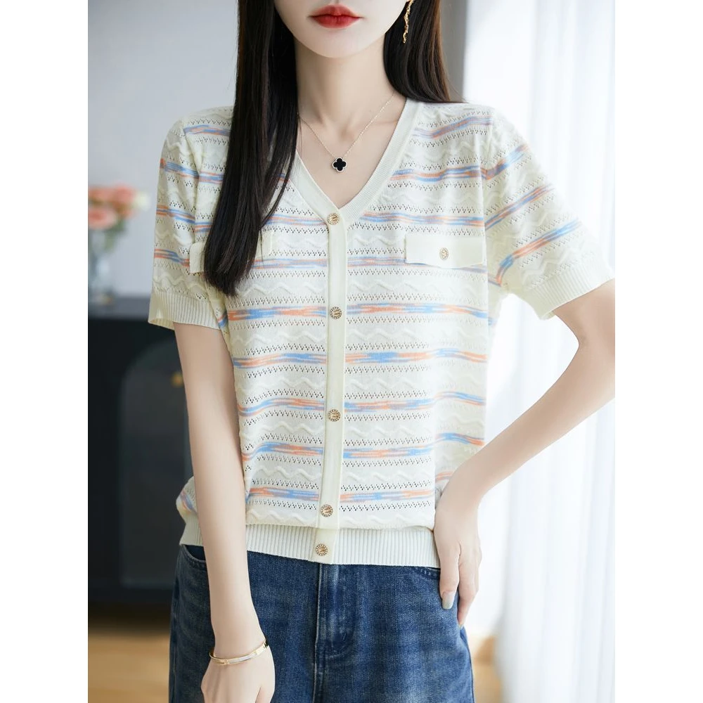 夏季小香风冰丝彩色条纹短袖t恤V领镂空时尚上衣QHDMR-B580
