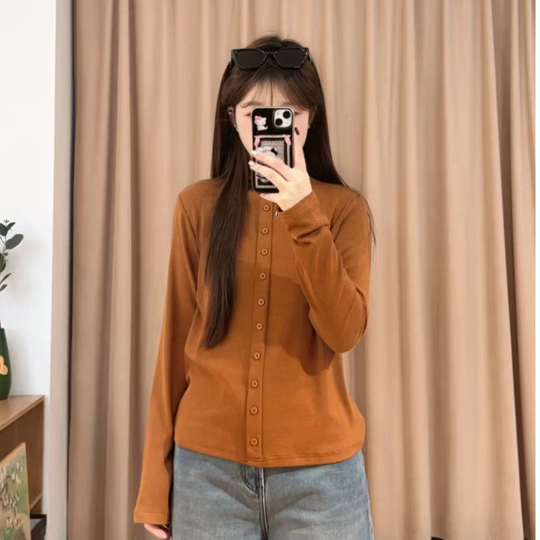 13604余小鱼【扣子打底】四色立领单排扣时尚百搭套头长袖打底女装