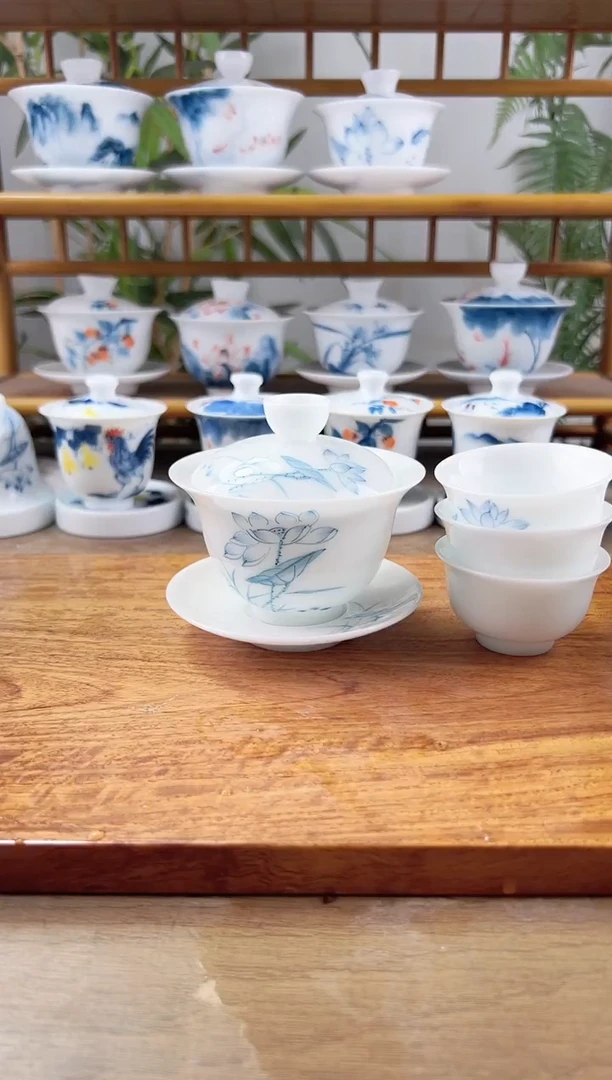 没****）全品冰种素莲150ml三才盖碗+中和顺杯3个