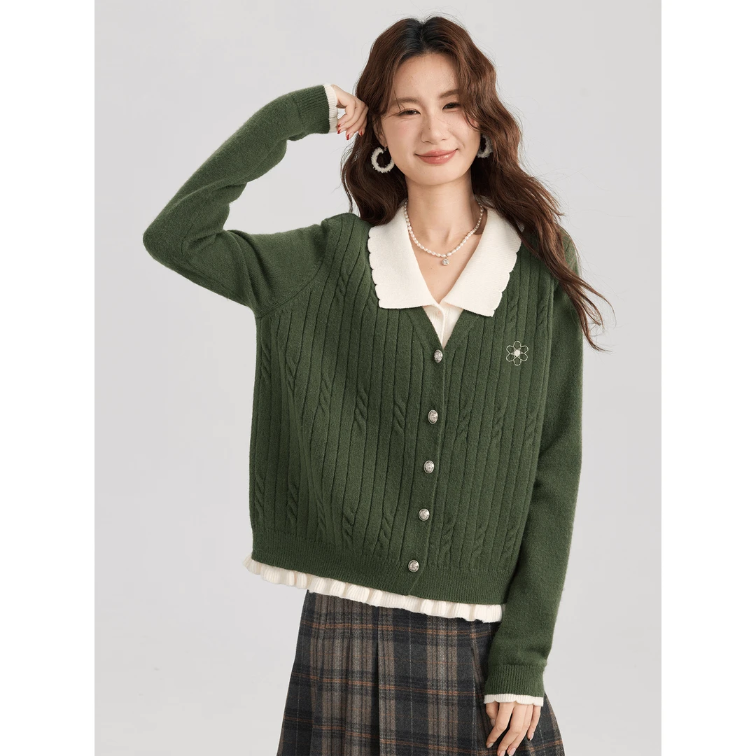 【虫虫】269秋冬新款绿色毛衣开衫女大码小香风上衣假两件针织衫