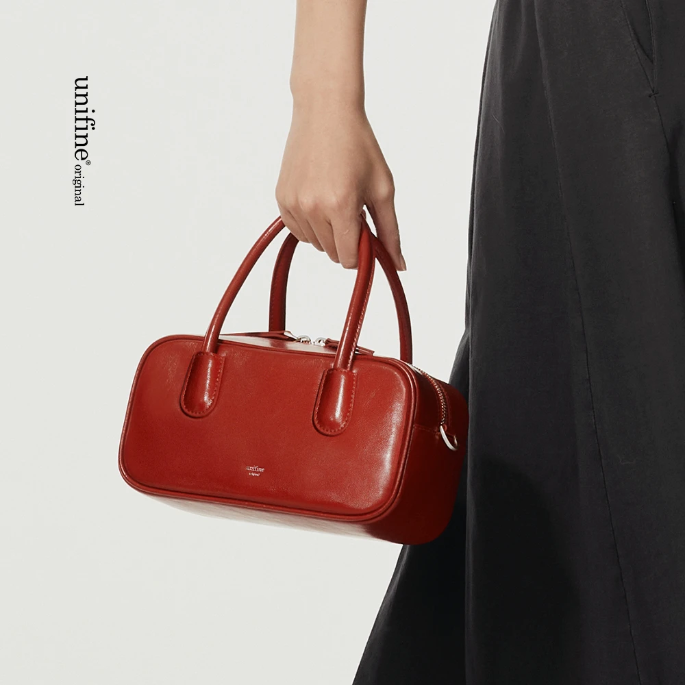 unifine2025新款波士顿包斜挎手提保龄球枕头包法棍包黑色女包包