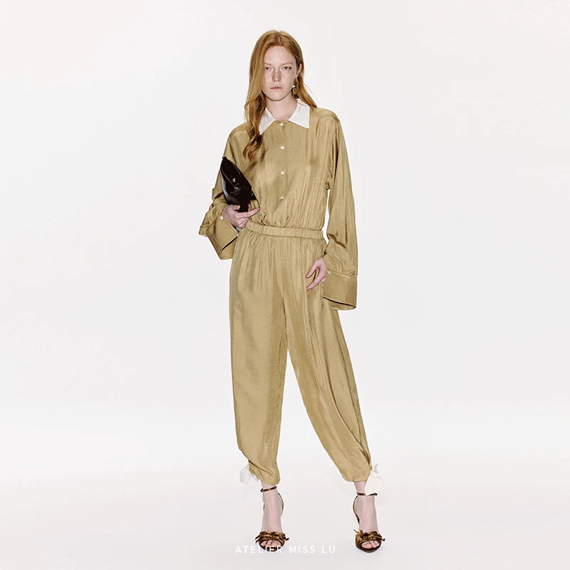 AtelierMissLu【里约书店】蝴蝶结撞色弹力收腰醋酸连体裤255001A