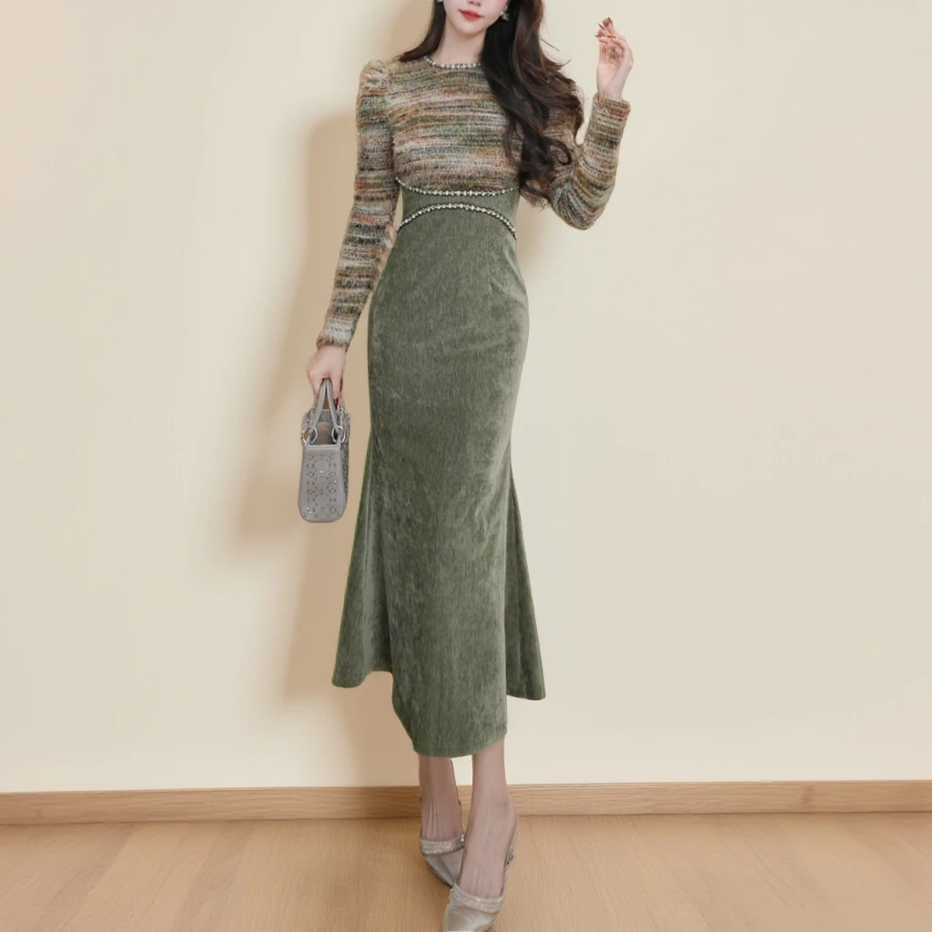 法式修身秋冬气质复古长款名媛包臀拼接连衣裙56068