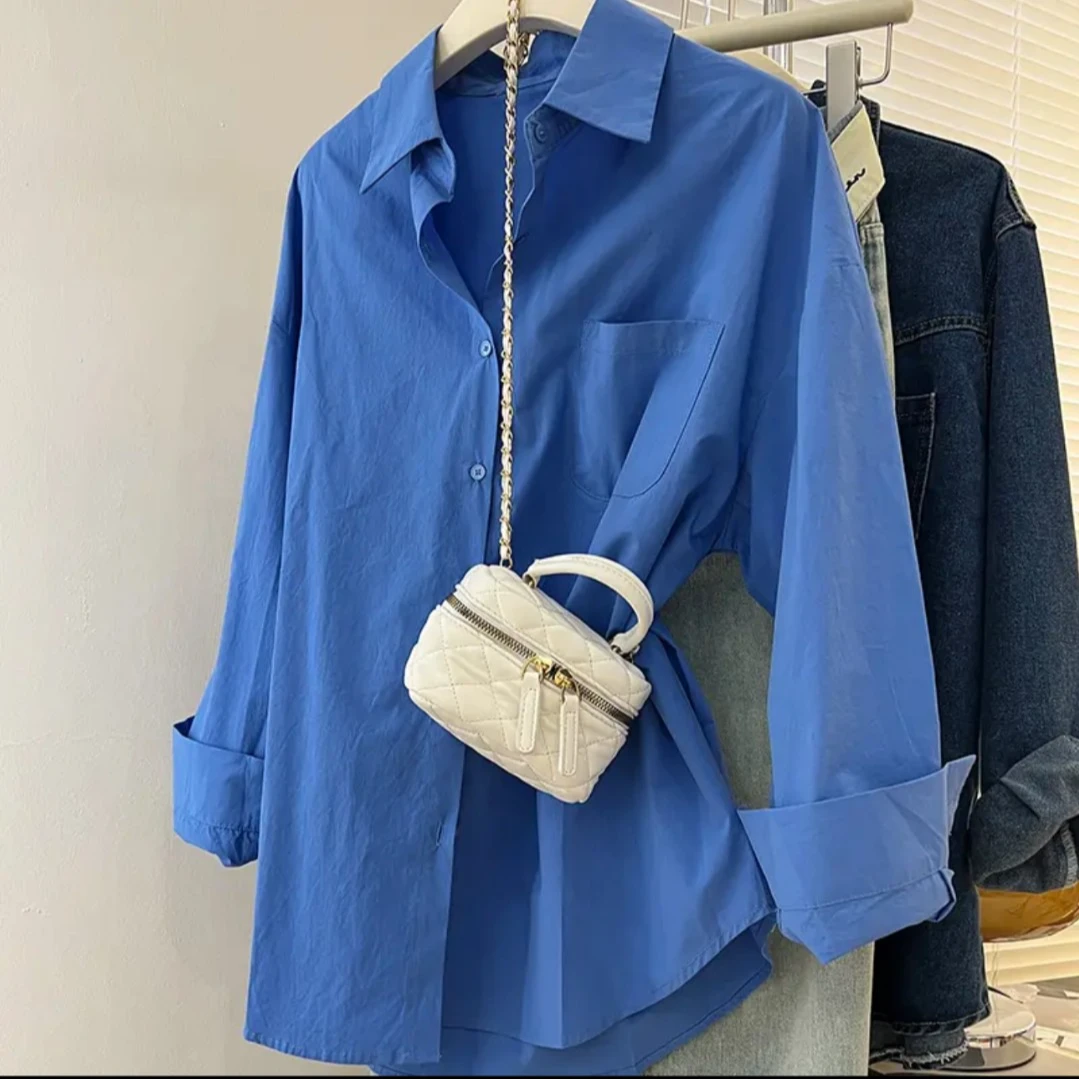 2025年春季韩版时尚克莱因蓝色衬衫女秋冬新款内搭叠穿长袖上衣潮