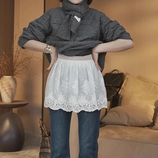 纯棉防走光纯棉设计感蕾丝小屁帘女秋冬叠穿松紧腰中短款打底裙