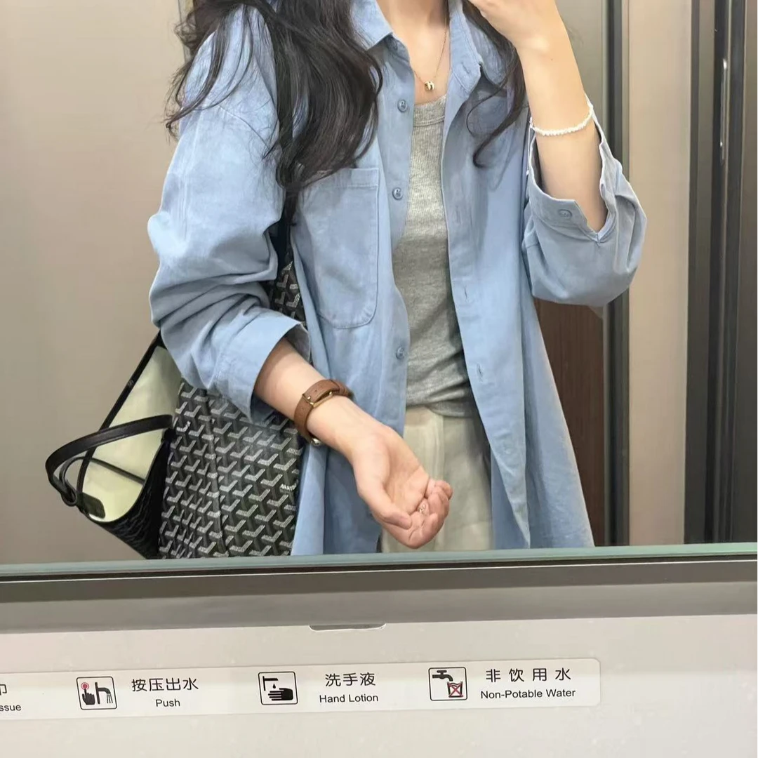 #8189蓝色别致衬衫女秋冬款宽松叠穿长袖上衣纯色衬衣外搭