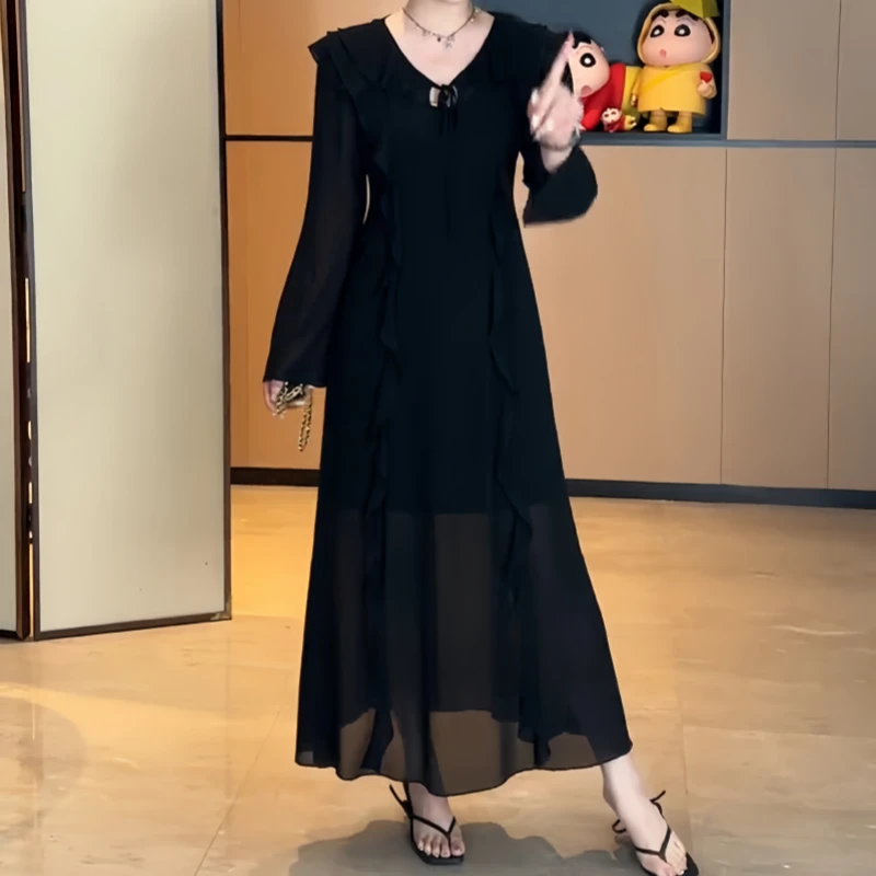 大码法式荷叶边设计感气质连衣裙女初秋胖mm收腰冷淡系优雅连衣裙