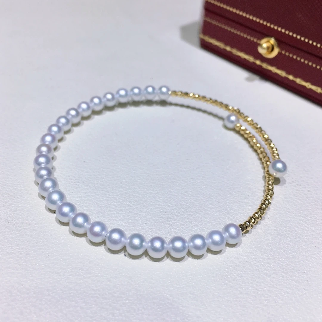 天然淡水珍珠4-5mm极光淡水正圆极微瑕 18k金小金球斜切纹 超百搭