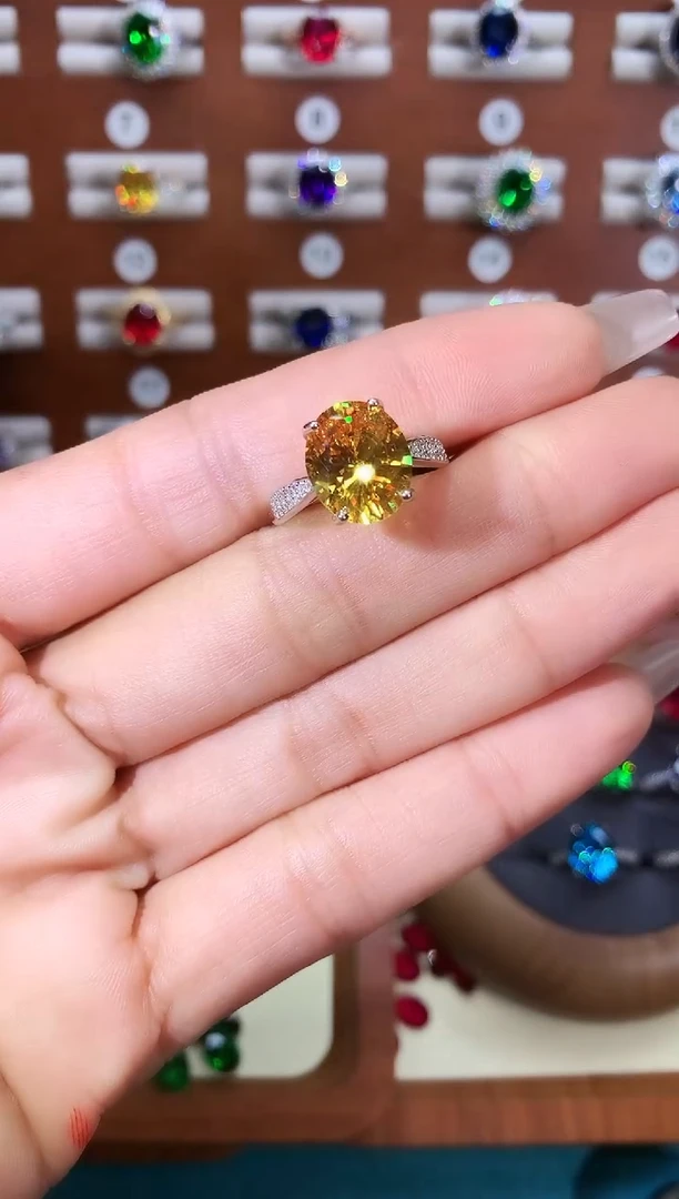 无925银满火彩金丝雀黄色戒指