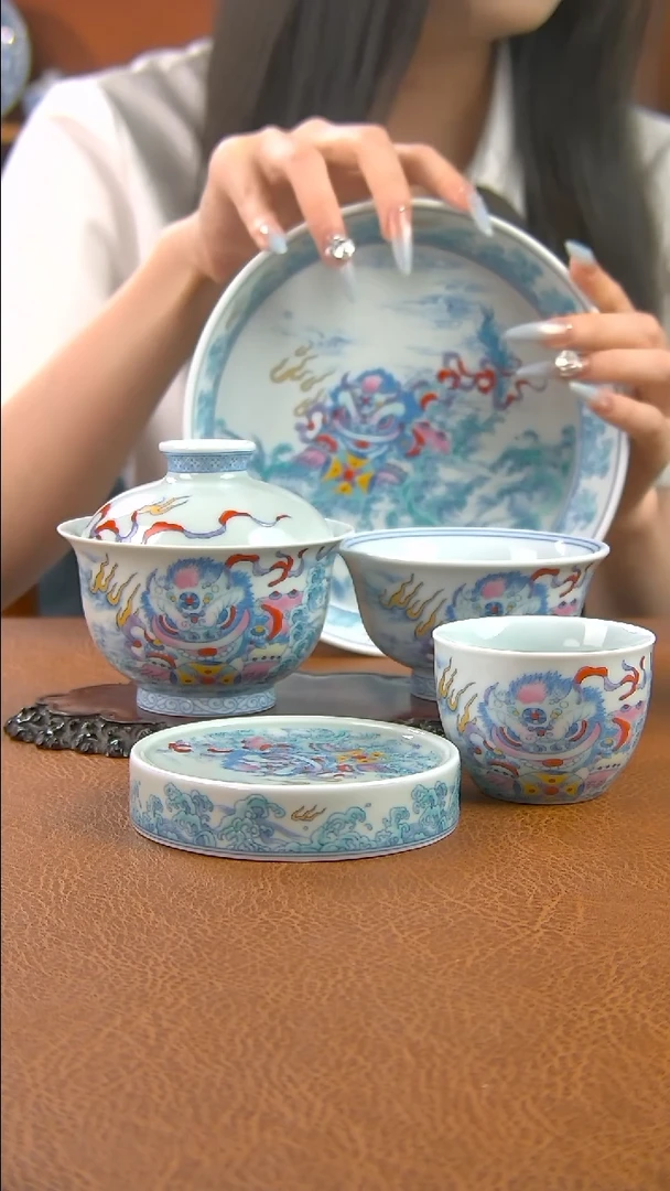 -景德镇手工斗彩醒狮盖碗套组五件套