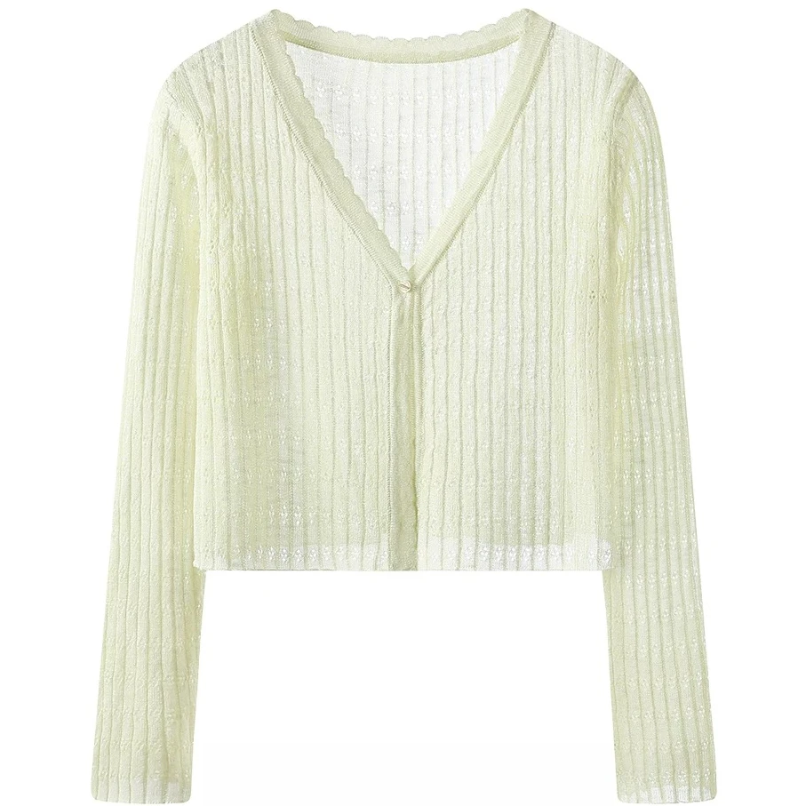 绿色短款镂空薄款透气针织开衫女夏2025新款宽松薄款披肩罩衫上衣