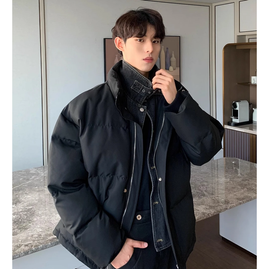 高级感牛仔拼接羽绒棉服男款冬季假两件加厚棉衣韩版潮流痞帅外套