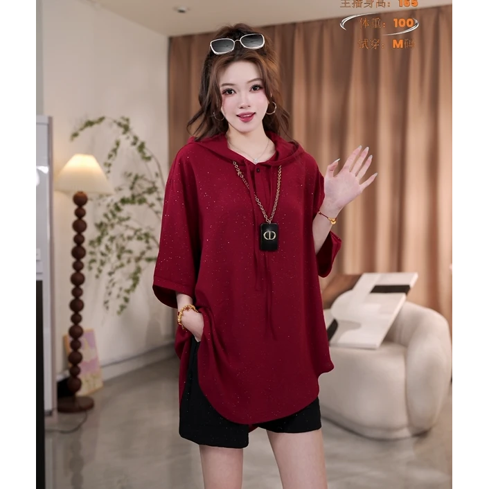 夏季休闲时尚连帽宽松中长款上衣短袖纯色亮片上衣24176