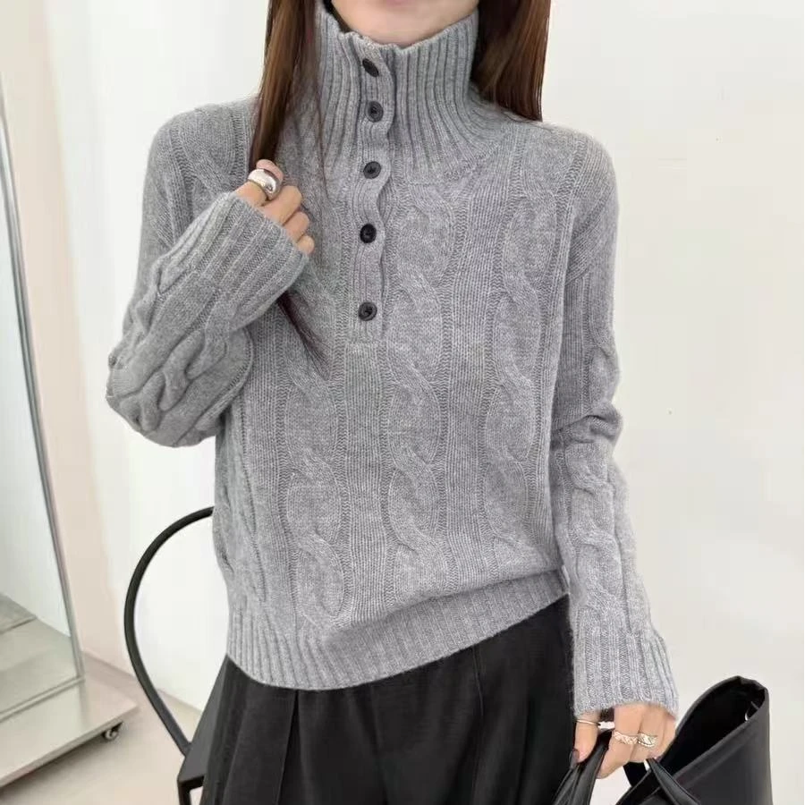 9519#2025秋冬新款时尚高领半开扣长袖麻花套头针织衫女百搭毛衣