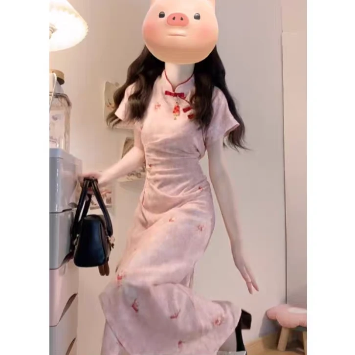 大码女装新中式国风改良旗袍连衣裙温柔风修身长裙11519