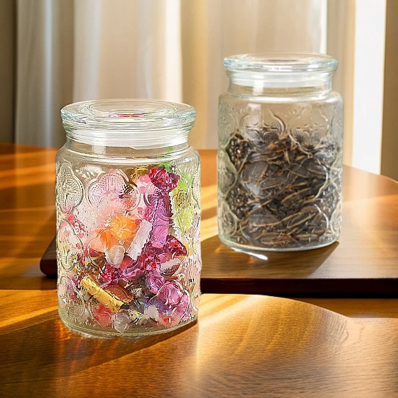 海棠花浮雕玻璃收纳罐高颜值防潮防虫储物罐糖果零食杂粮茶叶罐