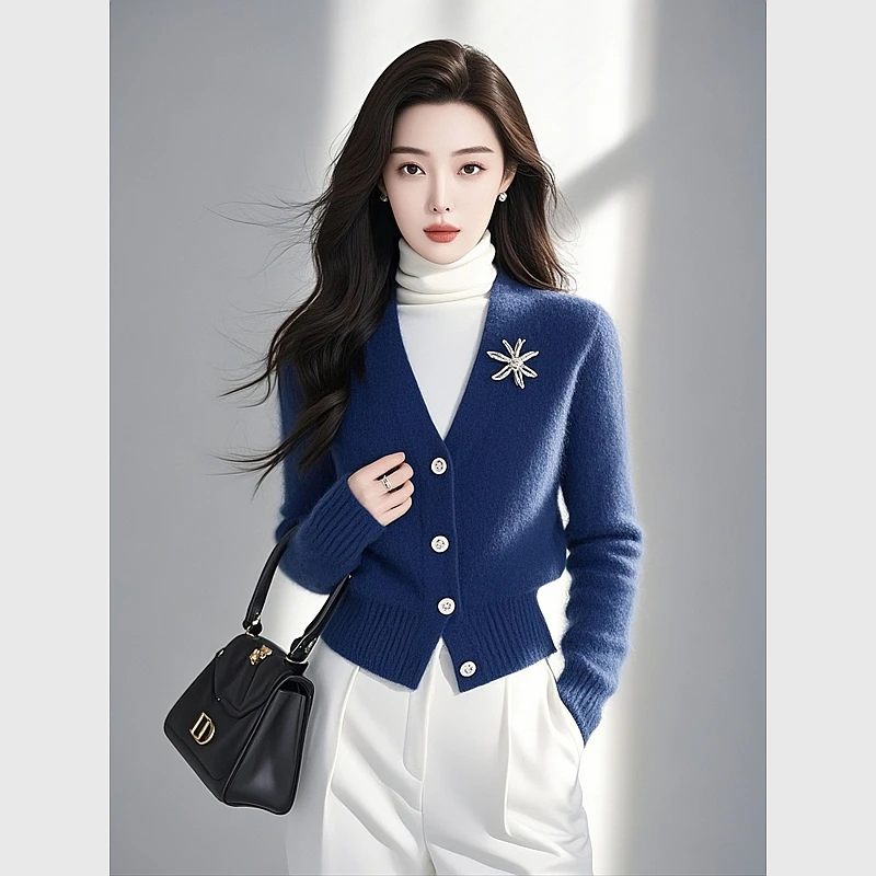 洋气独特别致针织开衫上衣慵懒高级感超好看克莱因蓝毛衣外套秋冬