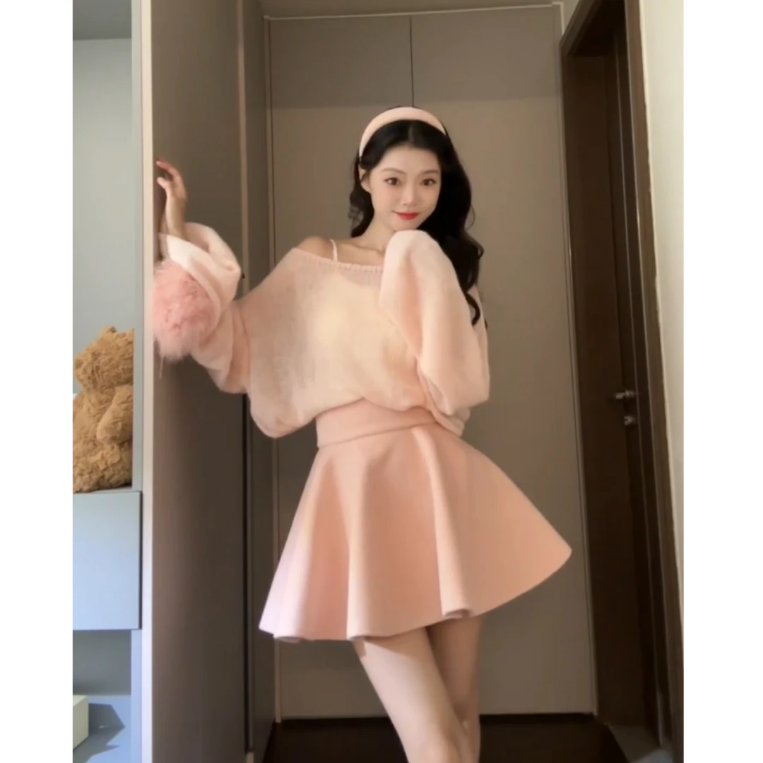 AMI.FS  秋冬温柔系穿搭女韩版时尚甜美减龄上衣短裙两件套