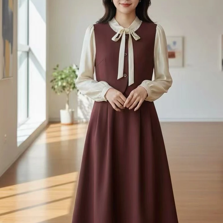 Q1215显瘦气质长袖时尚复古法式收腰秋季连衣裙