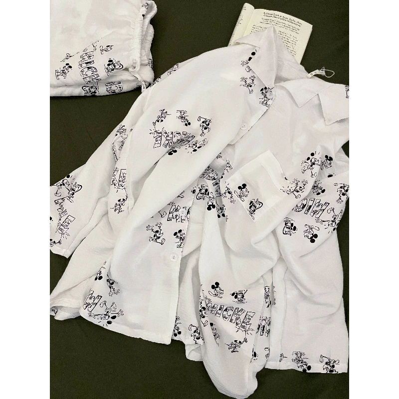 韩系米奇印花睡衣女春秋季2025新款开衫长袖长裤家居服套装可外穿