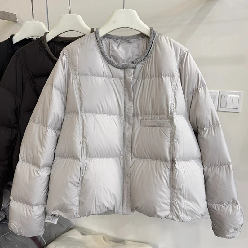 时尚短款羽绒服女2025年冬季新款圆领宽松保暖小个子白鸭绒厚外套
