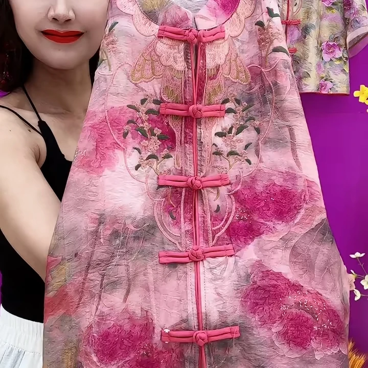 夏季百搭减龄女装雪纺外套2025新款宽松休闲新中式盘扣印花妈妈装