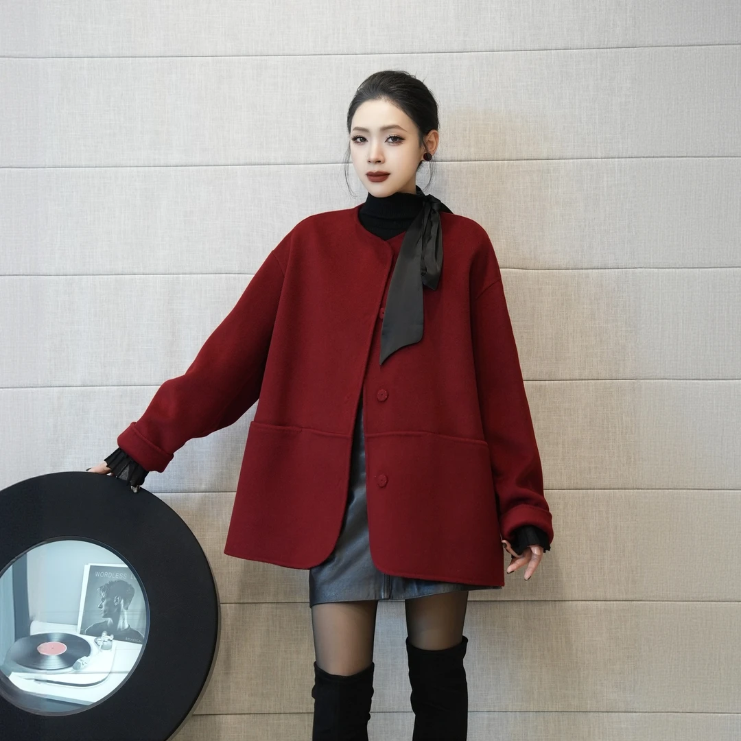 POPULARYW【桃烬春溪】轻奢圆领单排扣宽松中长款时尚大衣外套