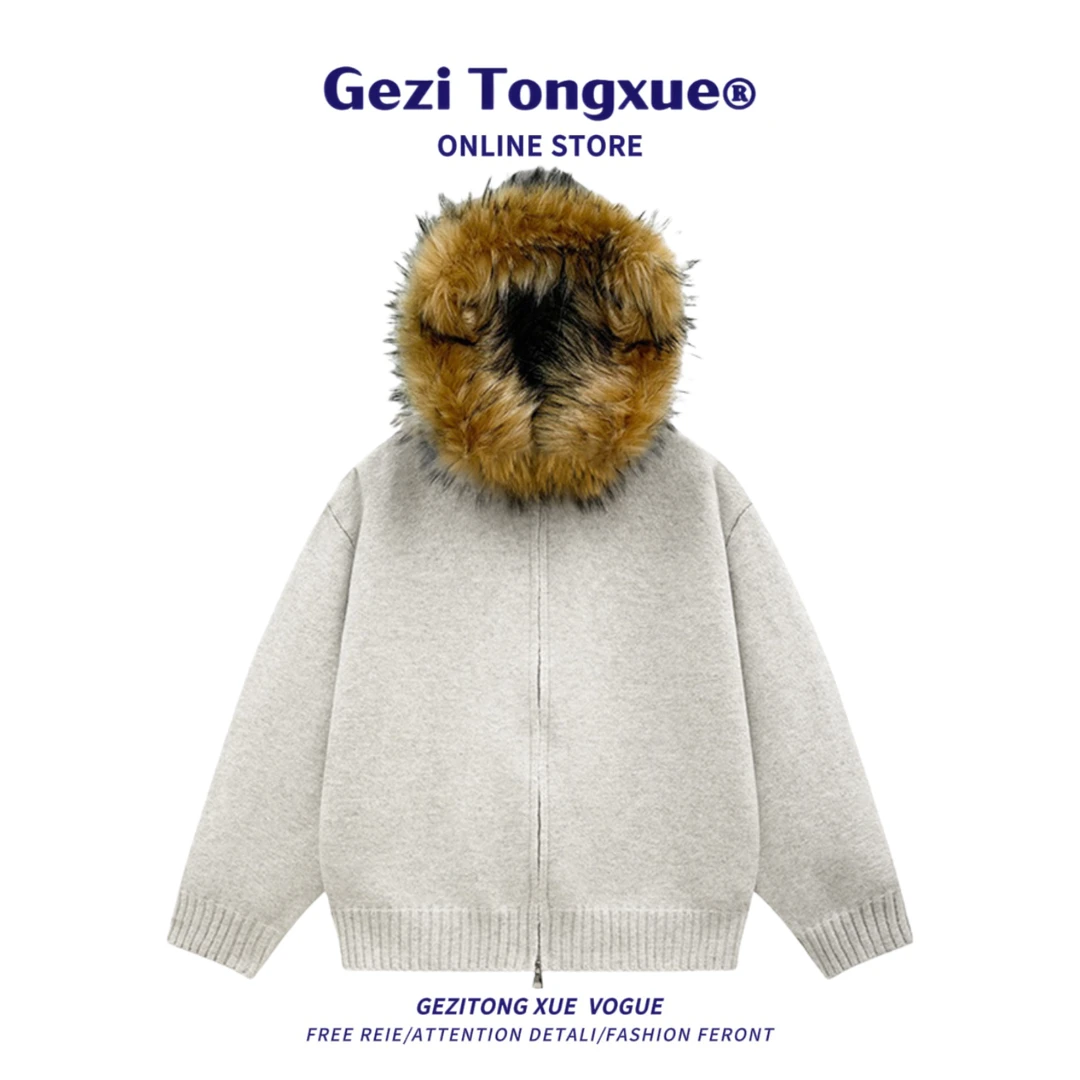 座山雕毛领开衫毛衣男款秋冬季新款潮流设计感男士休闲宽松针织衫