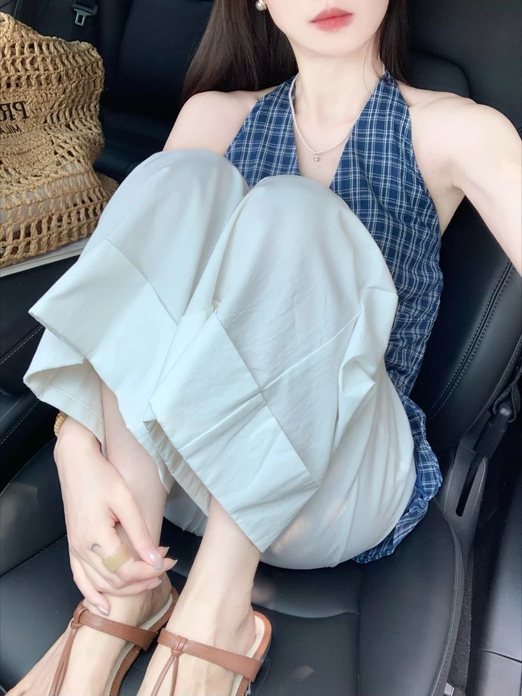 2025超火夏装一整套巨好看的蓝色格纹挂脖上衣女士休闲阔腿裤套装