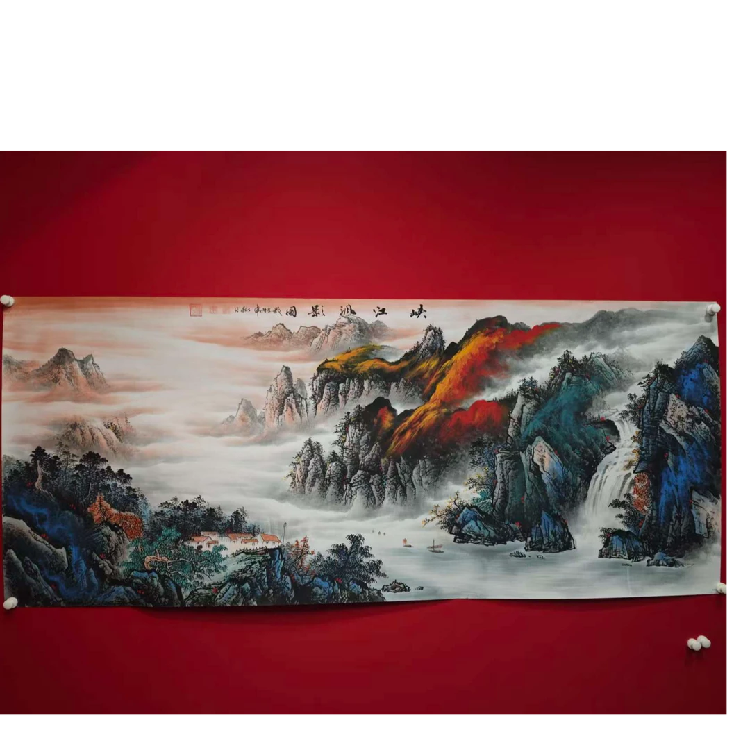 李新社八尺手绘宣纸-峡江帆影-山水画