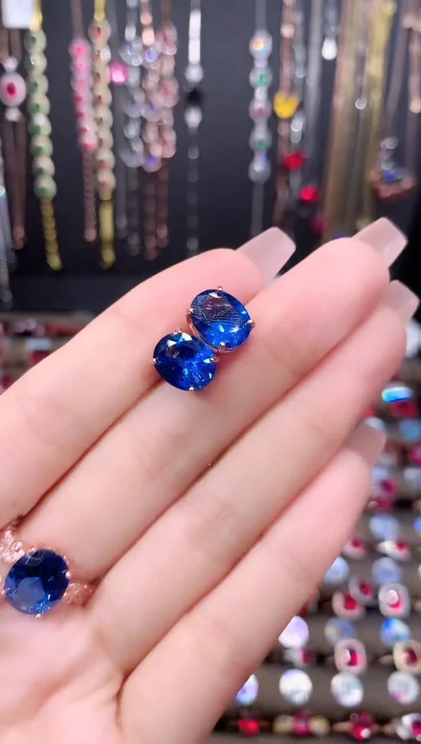 蓝宝石耳饰银S925镶嵌玫瑰金810