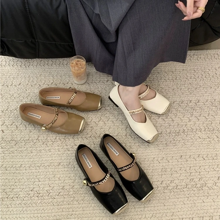 浅口方头单鞋女晚晚鞋拼色一字带玛丽珍鞋C10