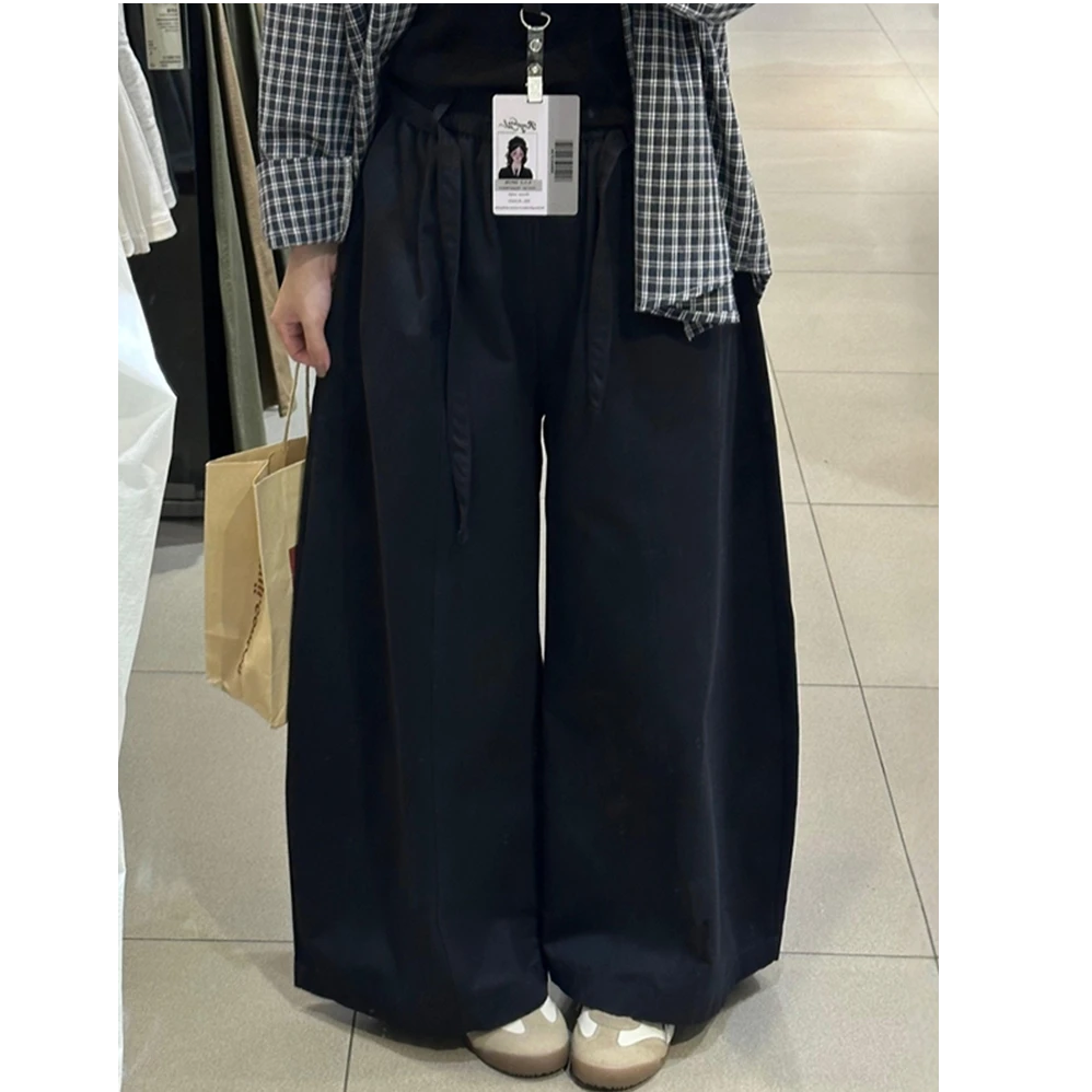 藏青色阔腿弯刀裤女秋装小个子九分镰刀裤大码胖mm休闲显瘦气球裤