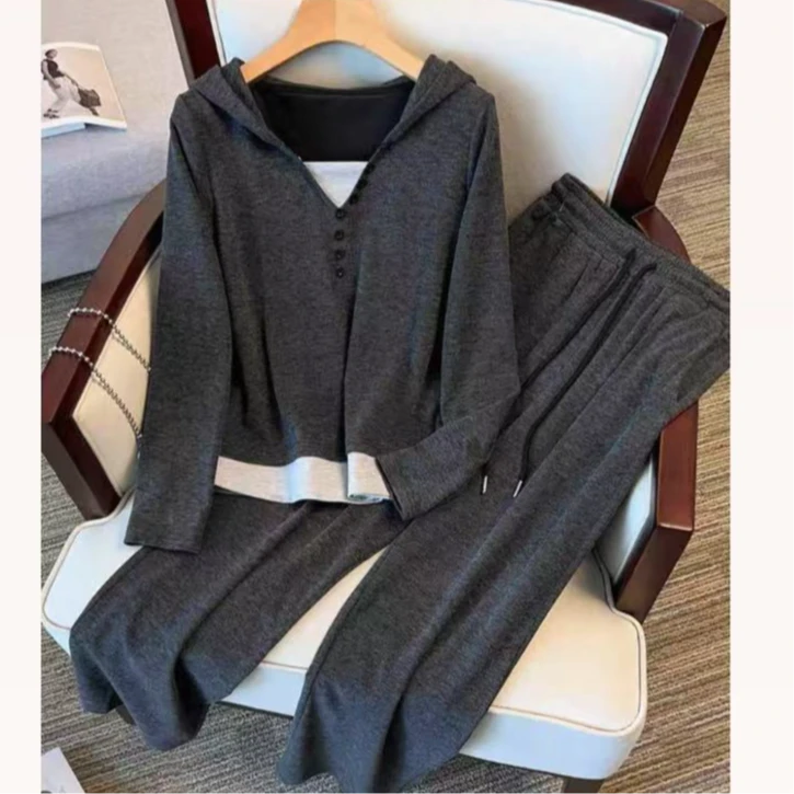 “苗条精”假两件帽衫弯刀窄版阔腿裤套装（衣长67裤长102左右）