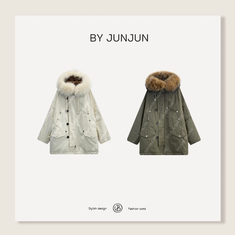 Byjunjun 大毛鹅绒派克服冬季保暖休闲百搭羽绒服