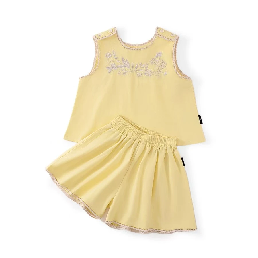 女童夏季洋气纯色背心蕾丝边小花刺绣短裤套装5347